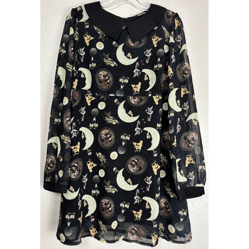 Jawbreaker Celestial Cat Moon Print Peter Pan Collar Mini Dress Black XL 2532